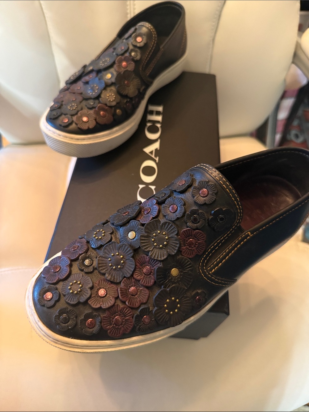Coach Black Leather Slip-On Loafers with Floral Appliqués